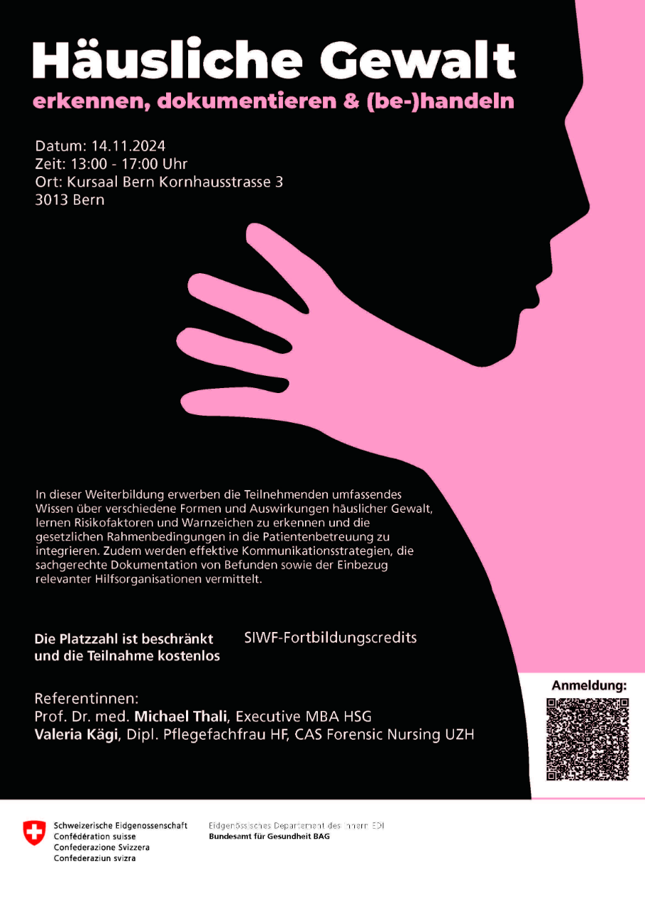 In dieser Weiterbildung erwerben die Teilnehmenden umfassendes Wissen über verschiedene Formen und Auswirkungen häuslicher Gewalt, lernen Risikofaktoren und Warnzeichen zu erkennen und die gesetzlichen Rahmenbedingungen in die Patientenbetreuung zu integrieren. Zudem werden effektive Kommunikationsstrategien, die sachgerechte Dokumentation von Befunden sowie der Einbezug relevanter Hilfsorganisationen vermittelt. Die Platzzahl ist beschränkt und die Teilnahme kostenlos.  Referentinnen: Prof. Dr. med. Michael Thali, Executive MBA HSG Valeria Kägi, Dipl. Pflegefachfrau HF, CAS Forensic Nursing UZH